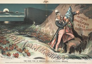 A political cartoon of Uncle Sam and immigrants swimming to the US shore.