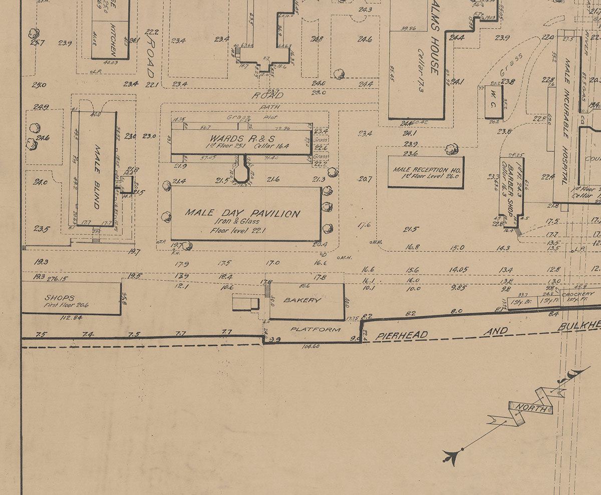 A planning diagram of buildings for housing different groups of people on Blackwell's Island