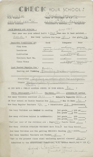 Hand-drawn survey with questions about public school quality