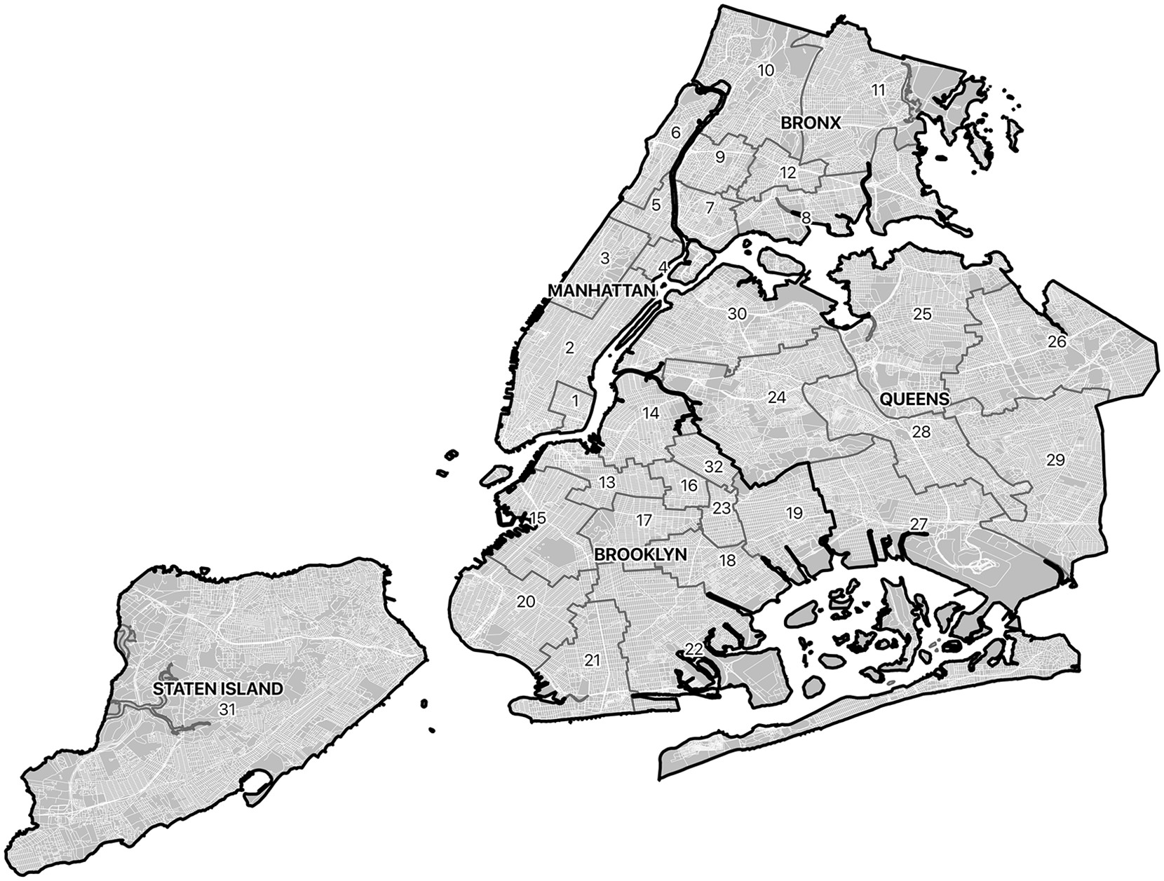 Map of NYC showing 31 school districts