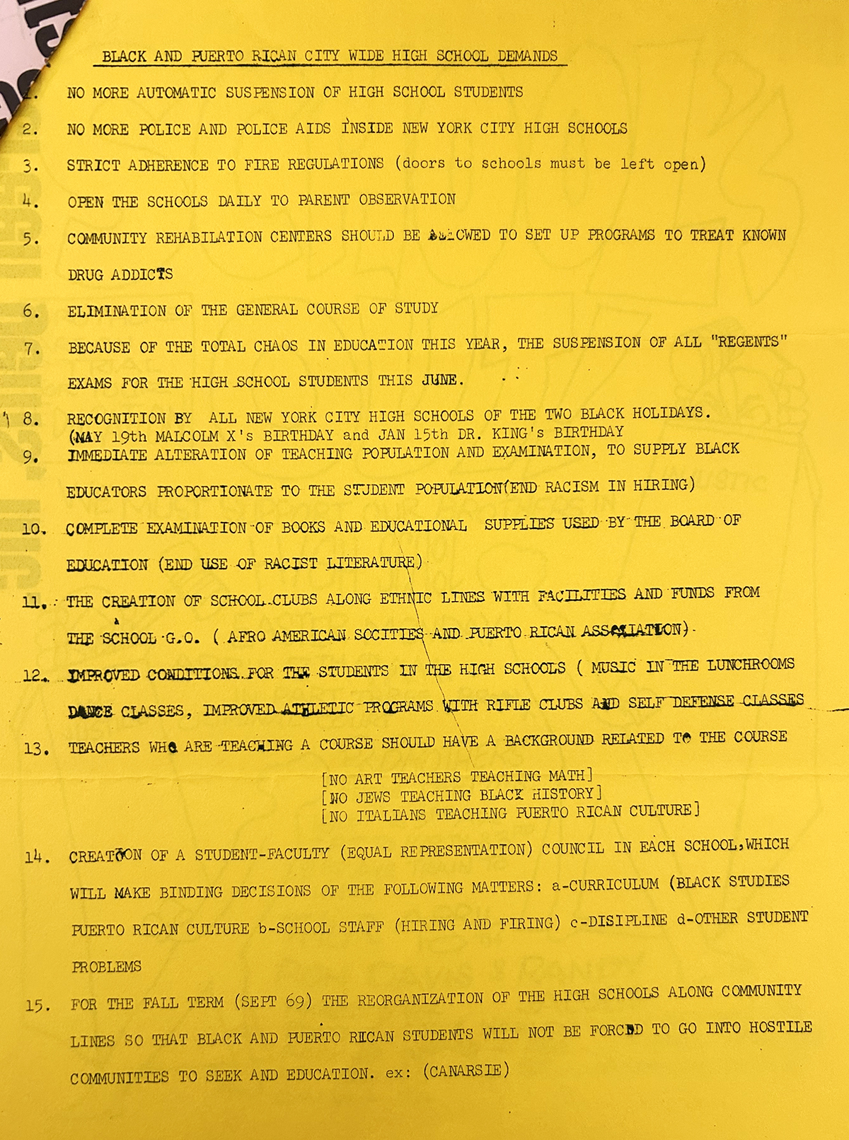 A typewritten list of demands of Black and Puerto Rican high-school students