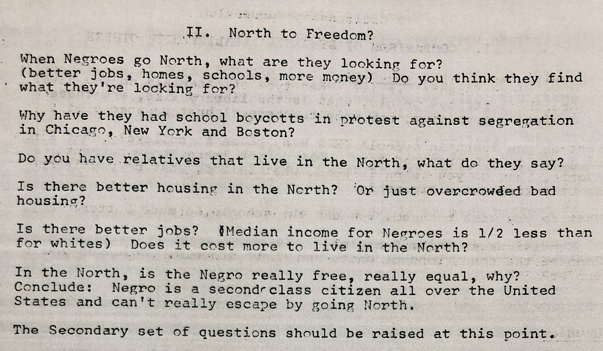 Text excerpt from planning for Freedom Schools