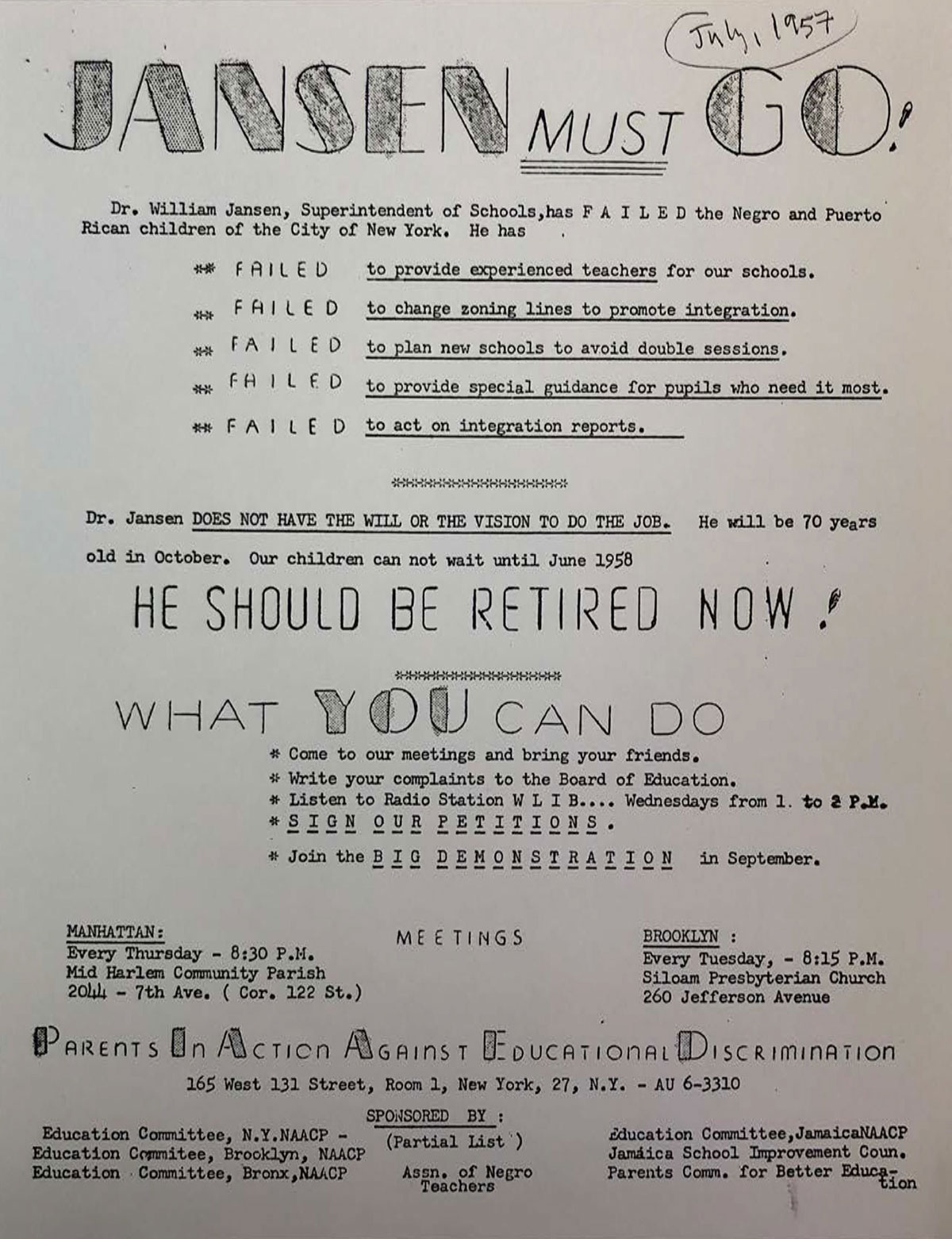 Flyer calling for the resignation of William Jansen, Superintendent of Schools
