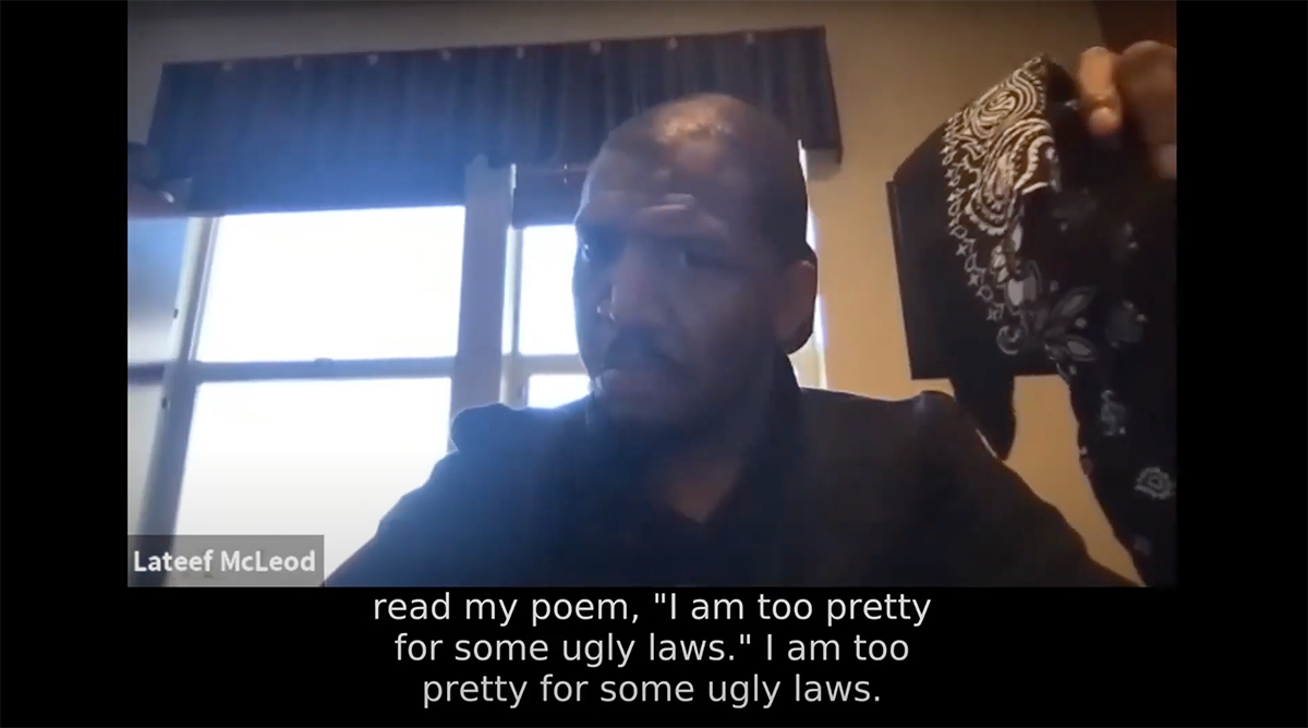 Lateef McLeod, a Black man with cerebral palsy who uses a wheelchair reads his poem with an assisted communication device for a video conference