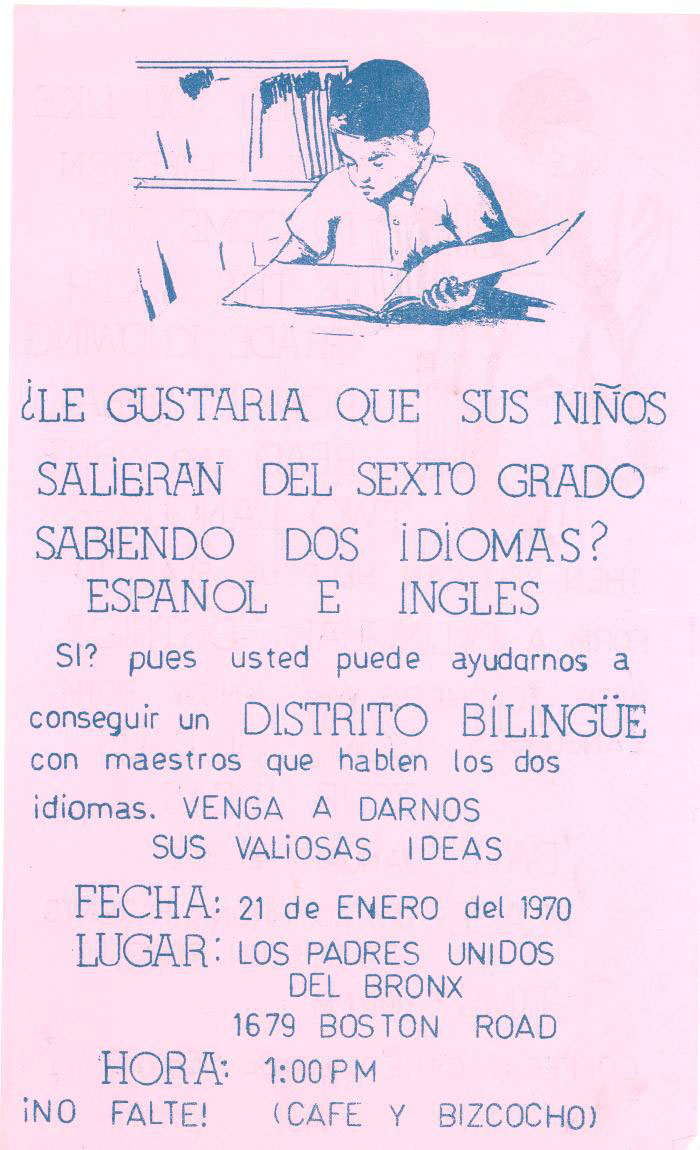 A pink flyer with a drawing of a young Latino boy reading a book. Spanish text is in blue lettering.
