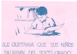 A pink flyer with a drawing of a young Latino boy reading a book. Spanish text is in blue lettering.