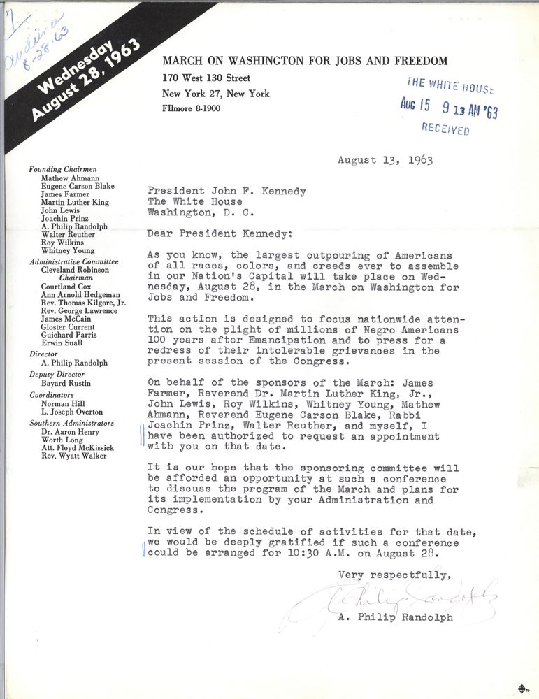 A letter from A. Philip Randolf to President John F. Kennedy