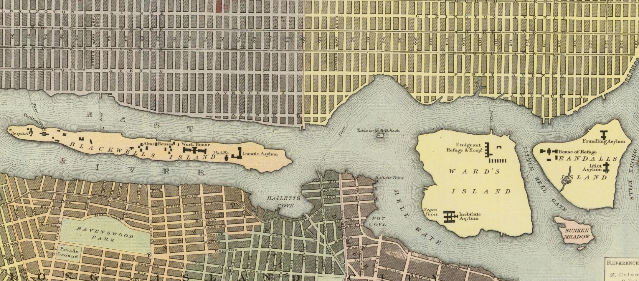 A map showing buildings on islands in the East River