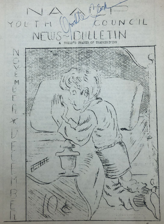 Hand-drawn cover of a newsletter that shows a boy kneeling and praying next to his bed