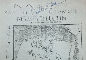 Hand-drawn cover of a newsletter that shows a boy kneeling and praying next to his bed