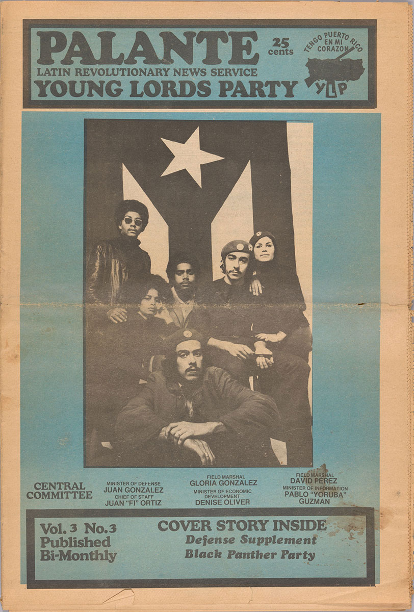 A copy of *Palante* newspaper, volume 3, number 3 with a blue background and a photograph on the front cover. The photograph features six people, the leaders of the Young Lords Party.
