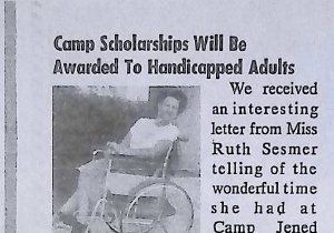 Newsletter clipping with a woman in a wheelchair, turned sideways and smiling for the camera