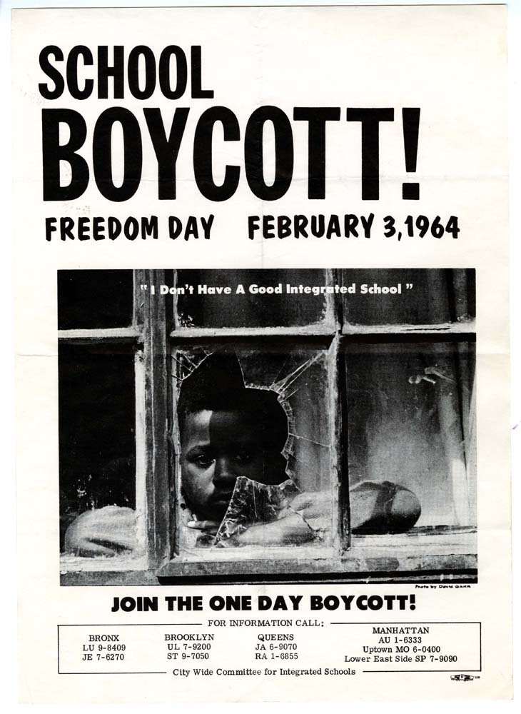 Flier for school boycott showing a young Black child looking through a broken window