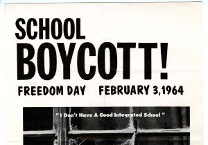 Flier for school boycott showing a young Black child looking through a broken window