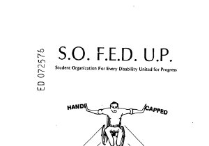 The cover of the handbook features an illustration of a man sitting in a wheelchair facing forward with arms outstretched to the side. His hands push apart the words, “handi” and “capped.”

