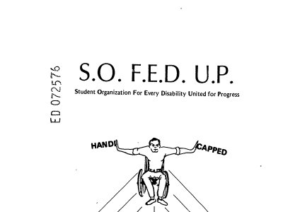 The cover of the handbook features an illustration of a man sitting in a wheelchair facing forward with arms outstretched to the side. His hands push apart the words, “handi” and “capped.”