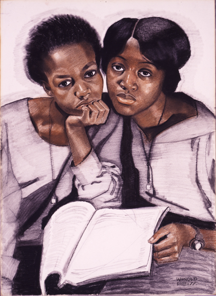 A painting of two Black women, one resting her chin inside a clasped hand and the other holding a notebook. They both look directly at the viewer.