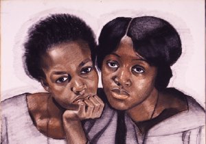 A painting of two Black women, one resting her chin on her closed hand and the other holding a notebook. They both look directly at the viewer.