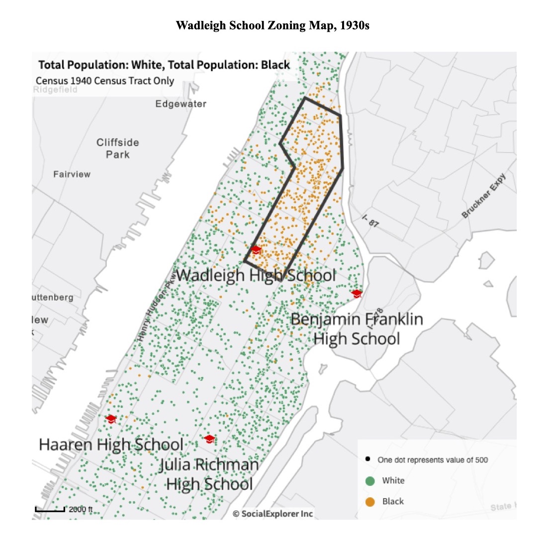 Map showing the spatial segregation of the White and Black populations in upper Manhattan