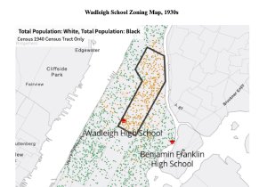 Map showing the spatial segregation of the White and Black populations in upper Manhattan