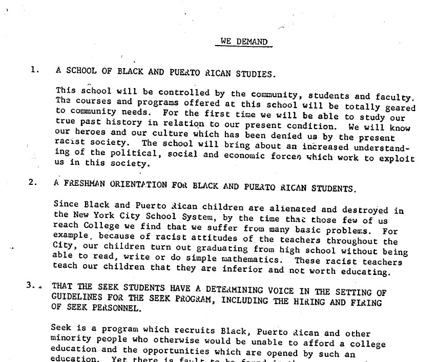 A simple typewritten flyer with a title, &quot;We Demand&quot; at the top and a list of changes student organizers wanted to see in their university.