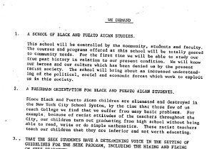 A simple typewritten flyer with a title, &quot;We Demand&quot; at the top and a list of changes student organizers wanted to see in their university.